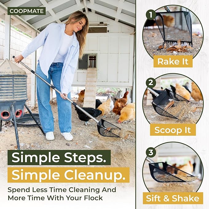 2-in-1 Chicken Coop Poop Scooper and Rake - Metal Sand Sifting Litter Scoop Shovel with Angled Basket and Micro-Sized Diamond Mesh to Catch The Smallest Farm Animal Droppings - Adjustable 12" to 53"