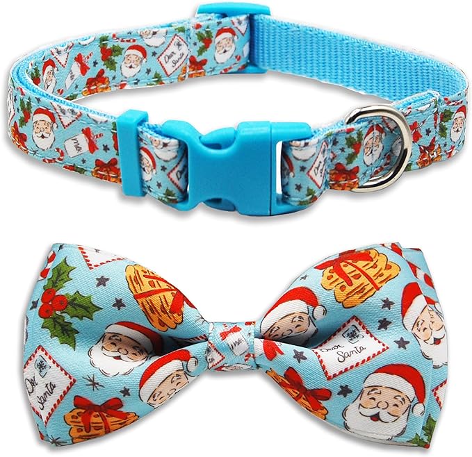 Christmas Dog Collar with Bow Tie Set, Holiday Santa Claus Pattern Pet Collar for Small Medium Large Dogs, Adjustable Puppy Collar with Quick Release Buckle