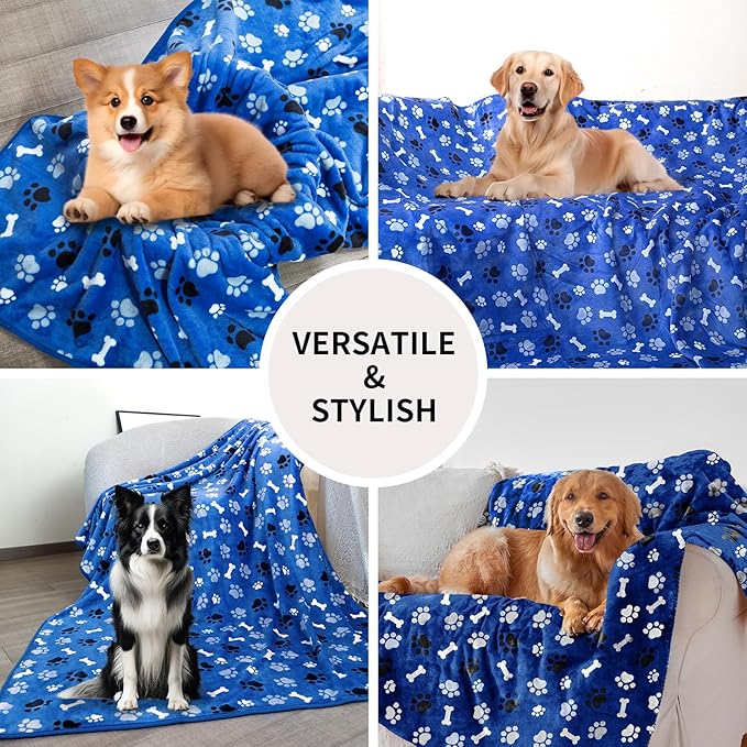 Dog Blanket Paw Bone Pattern 1 Pack 2 Super Soft Warm Flannel Sofa Cover Car Bed Protector, Urine Proof Washable Outdoor Pet Blanket for Puppy Large Dogs & Cats,40"*30" Blue