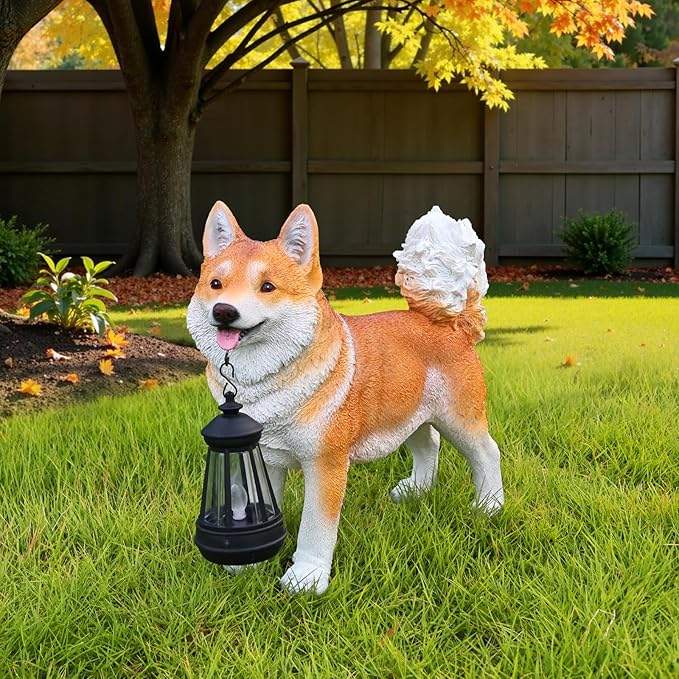 Akita Statue Outdoor Decorations – Dog Statues Outdoor Standing Yellow Akita with Replaceable Solar Light & Welcome Sign for Porch Décor