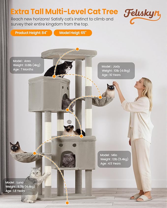 Extra Large Cat Tree, 84 Inch XXL Giant Cat Tower for Indoor Cats Large Adult 20lb+, Multi-Level Cat Climbing Condo with 5 Scratching Posts, 3 Wide Platform Perches, 2 Baskets, 2 Cat Caves, Light Grey