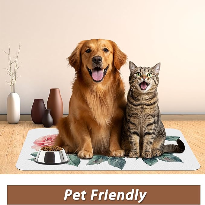 Pink Rose Pet Feeding Mat,Vintage Absorbent Quick-Dry Cat Dog Food and Water Bowl Mats,Non-Slip Rubber Backing Mat,Cat Dog Accessories Supplies 16"x24"
