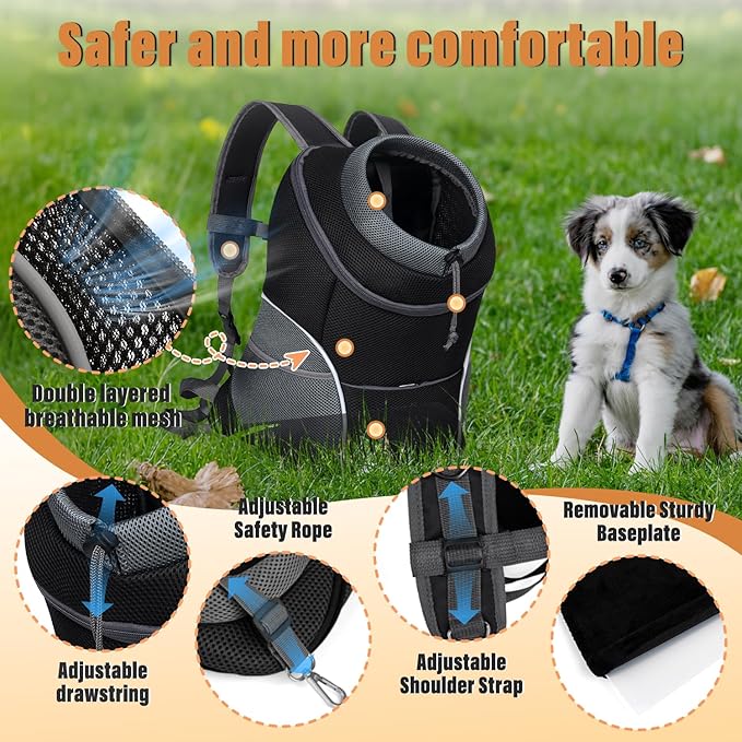 YUDODO Dog Front Carrier Backpack, Adjustable Breathable Pet Carrier for Small Dogs Cats, Ventilated Puppy Back Pack with Safety Belt, Lightweight Doggy Backpack for Hiking Outdoor (Black, M)
