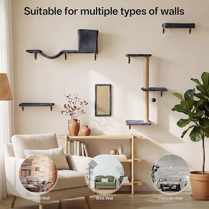 MEWANG 5-in-1 Cat Wall Shelves: Cat Climbing Furniture with Wall Mounted Perch & Lounge for Indoor Cats, Space-Saving Wall Pet Shelves for Play & Rest - Grey