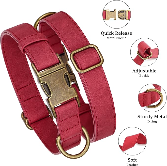 Didog Soft PU Leather Dog Collar, Stylish Quick Released Dog Collars for Medium Dogs, Easy Clean Adjustable Pet Collar for Daily Walking, Red, M Fit 13-21" Neck