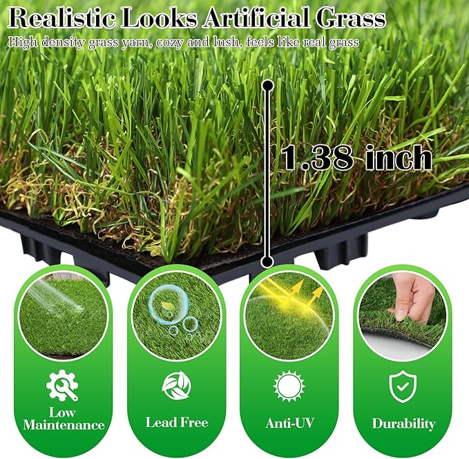 XLX TURF Interlocking Fake Grass Tiles for Dogs Potty - Pets Friendly Artificial Grass for Dog Kennel Outdoor Patio Balcony & Home Decor, 12"x12" 9 Pack