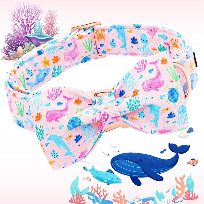 Lionheart glory Dog Bow Collar Sea Animals Print Pink Dog Collar for X-Small Dogs,Female Male Dog Collars with Bowtie Spring Summer Collars Soft Adjustable Pet Collar Bows