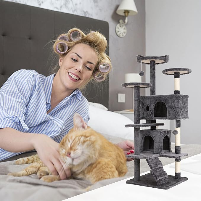 Heavy Duty Cat Tree Tower, 54" Tall, Multi-Level Cat Climbing Tower with Cat Scratching Post, Bed, Hanging Ball, Ashy