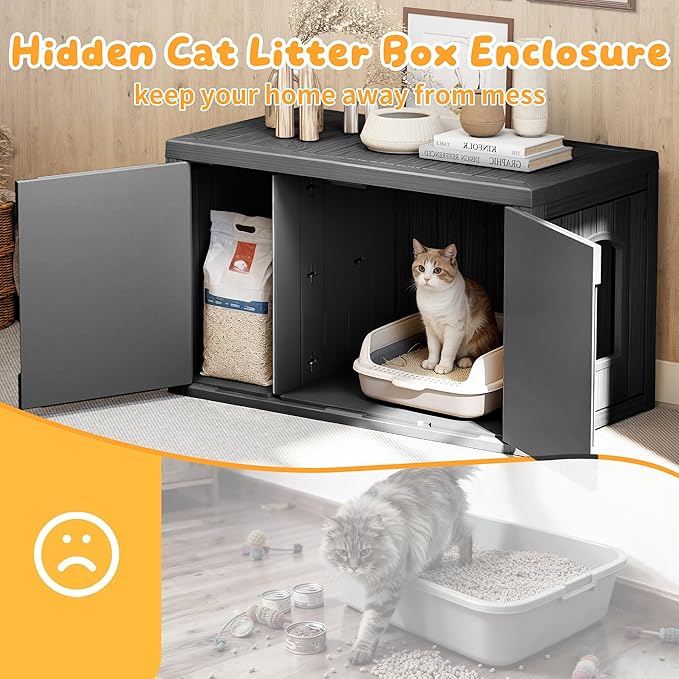 Cat Litter Box Enclosure,Multi-Functional Hidden Litter Box Furniture Cabinet with Adjustable Partition & Side End Table, Indoor Outdoor Cat House with Double Doors,Easy to Clean & Assemble, Black