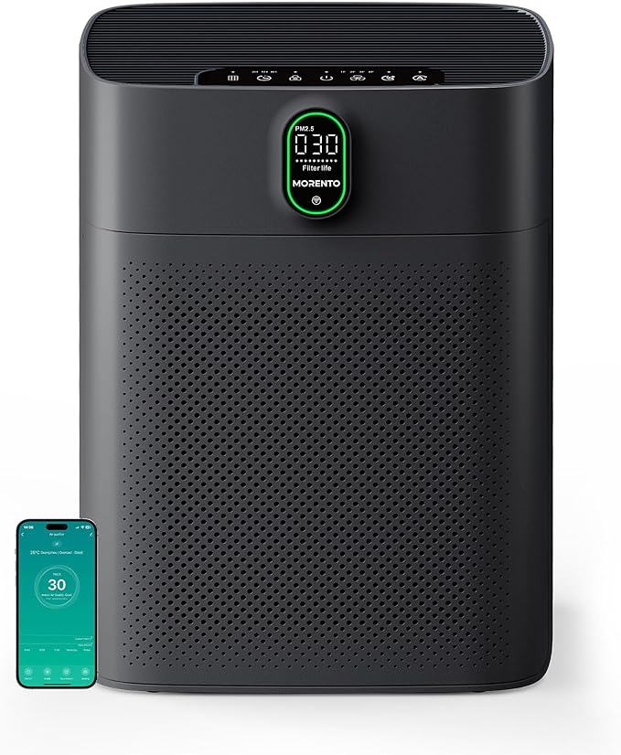MORENTO Air Purifier for home Large Rooms up to 1076 ft2, Wi-Fi and Alexa compatible, PM2.5 Air Quality Display, Auto Mode, HEPA Filter Removes Dust, Pollen, Smoke 1 Pack +2 Pack Filters(Black)