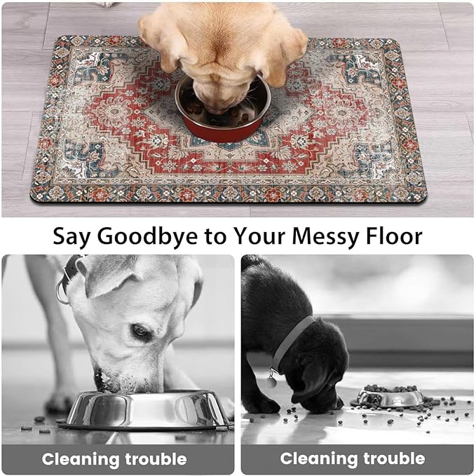 2 Pack Dog Food Mats for Floors, Absorbent and Quick-Drying Pet Cat Food Mat,Anti-Fouling and Easy-to-Clean Pet Feeding Mat,Dog Bowl Mat for Messy Drinking Water Bowls.12 x20+18"x24", Bohemia Style