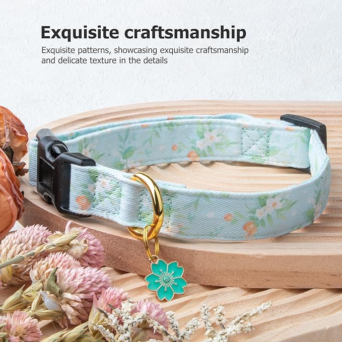 Cotton Handmade Dog Collar Cute and Distinctive Patterns Light Green Flower with Pendant for Girl Boy Dogs Collars S