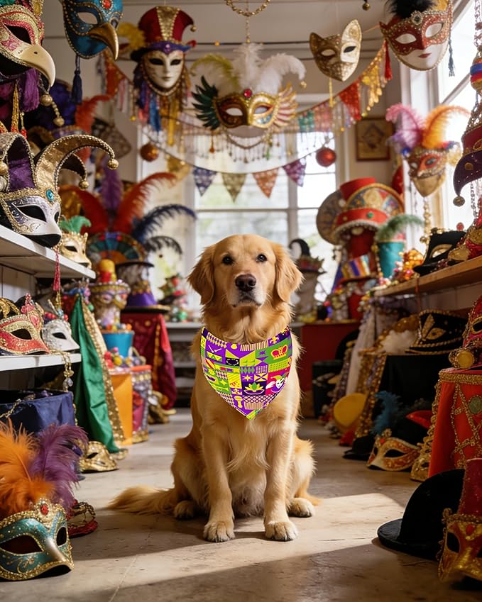 PET SHOW 50 Pack Mardi Gras Dog Bandanas Bulk for Extra Large XL Dogs Washable Adjustable Pet Scarf Triangle Bibs for Dogs Green Yellow Purple Decorative Grooming Accessories
