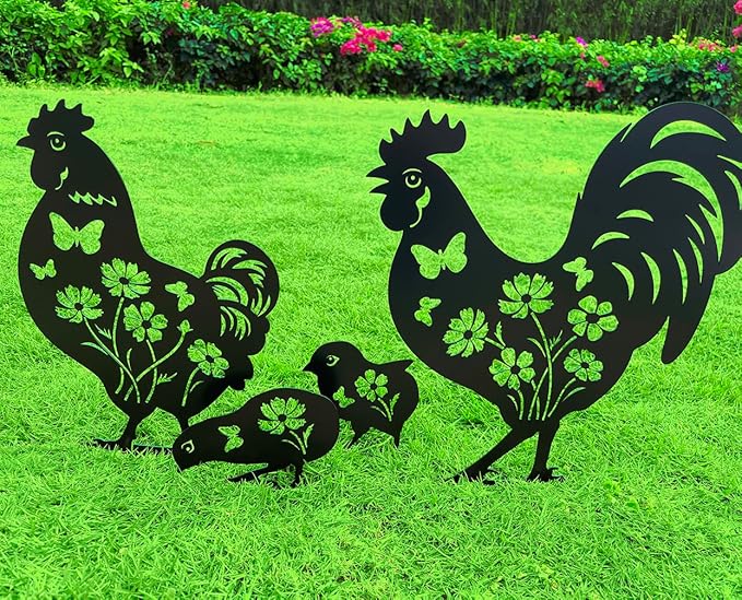 Metal Chicken Garden Decor for Outside, 4 Pcs Metal Chicken Yard Art, Decorative Garden Stakes Chicken Gifts for Chicken Lovers Woman/Man, Patio/Lawn Outdoor Chicken Decor, Chicken Garden Art