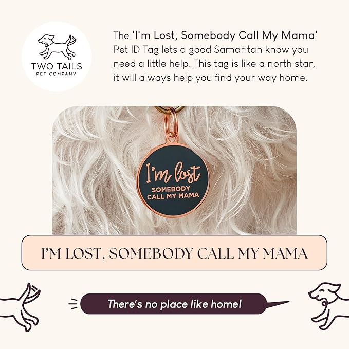 Two Tails Pet Company Dog Tags Personalized “I'm Lost, Somebody Call My Mama” Pet ID Tag - Laser Engraving, Customizable Dog Name Tag, Brass & Enamel