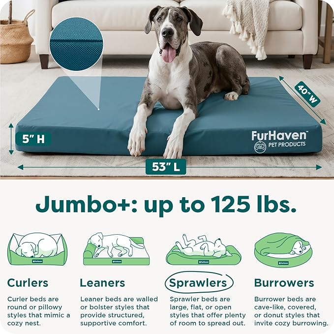 FurHaven Water-Resistant Orthopedic Dog Bed for Large Dogs, Oxford Polycanvas Mattress, Solid Orthopedic Foam Slab for Joint Support, Removable Washable Cover, Jumbo Plus/XXL, Deep Lagoon