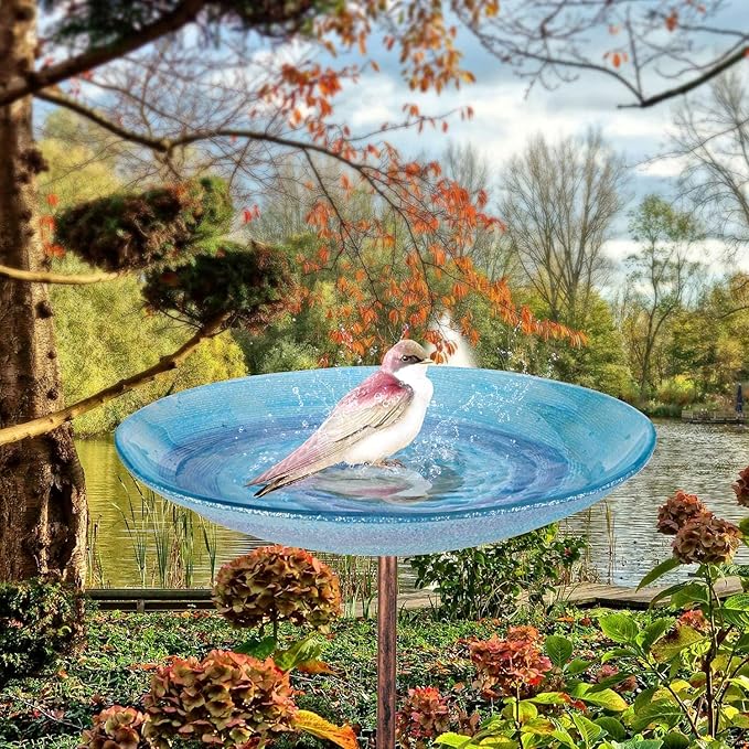 VCUTEKA Outdoor BirdBath Glass Bird Bath Garden Bird Feeder with Metal Stake