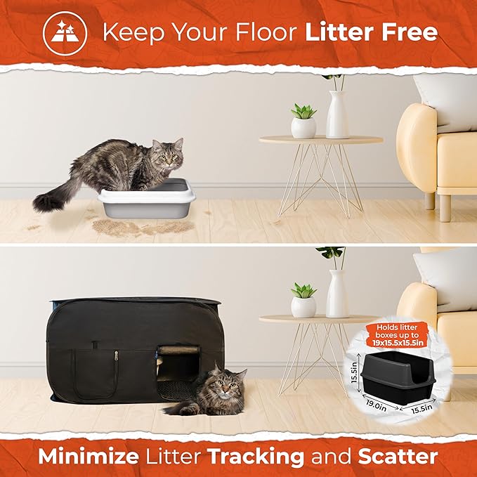 Cat Litter Box Enclosure, Dog Proof, Discreet and Hidden Litter Box, Kitty Litter Trap Design with Easy-Clean Feature, Scoop and Deodorizer Storage Pockets, Lightweight and Waterproof