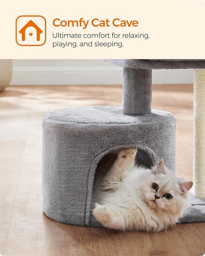 Feandrea Cat Tree, Small Cat Tower with Sisal Scratching Post, Plush Condo with Padded Perch, for Small Spaces, Kittens, Light Gray UPCT50W