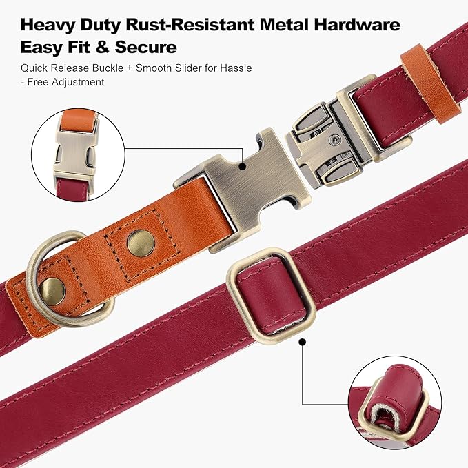 Plutus Pet Genuine Leather & Hemp Dog Collar – Adjustable Heavy Duty Pet Collar with Quick Release Metal Buckle, Soft & Stylish for Puppy and Small, Medium, Large Dogs (Burgundy, M)