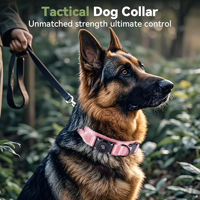 2025 Upgrade Waterproof AirTag Dog Collar, Military Tactical Dog Collar with AirTag Holder, Comfortable Control Handle and Metal Buckle, GPS Dog Collar Holder for Medium to Large Dogs (Pink, XL)