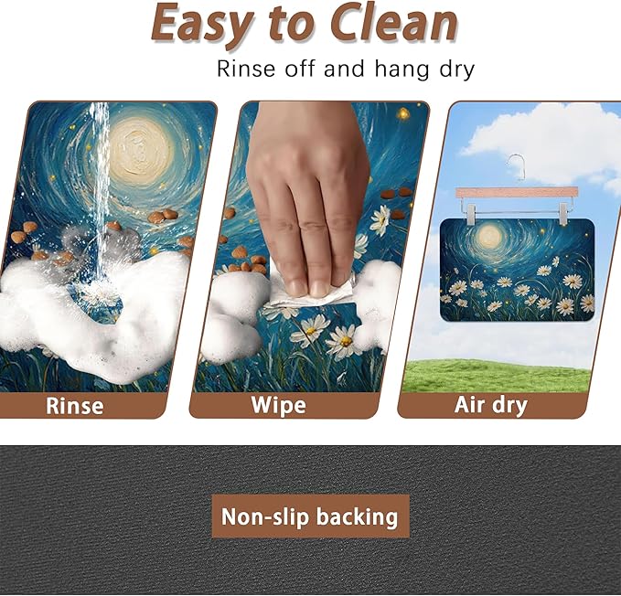 Starry Night Pet Feeding Mat,Moon Daisy Flower Absorbent Quick-Dry Cat Dog Food and Water Bowl Mats,Non-Slip Rubber Backing Mat,Cat Dog Accessories Supplies 12"x20"