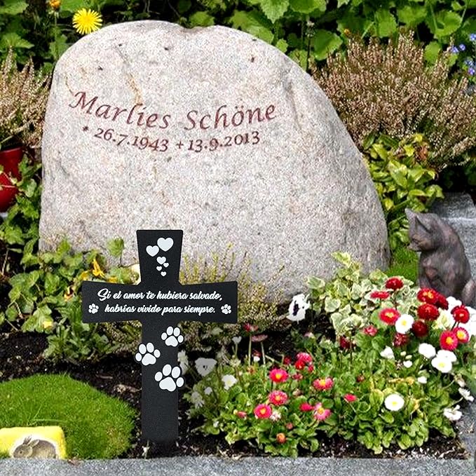BUoonyer Spanish Cemetery Decorations for Grave - Spanish Pet Metal Memorial Grave Markers, Dog Cat Cross Garden Sympathy Plaque Stake, Remembrance Graveside Burial Decor Sign for Outdoor Outside Yard
