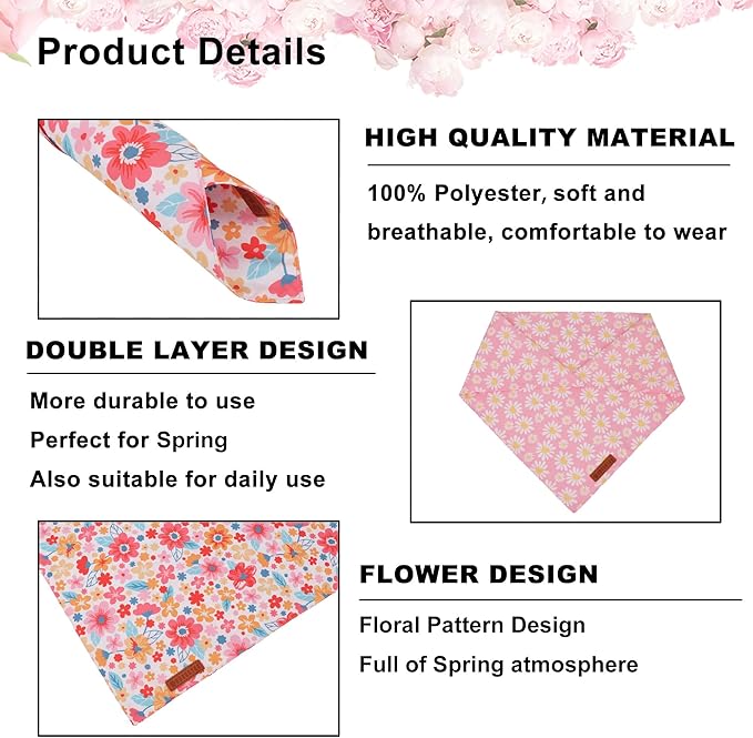 ADOGGYGO Floral Dog Bandana 2 Pack, Reversible Pink Daisy Pet Scarf Bib, Adjustable Fit Cute Flower Bandanas for Medium Large Dogs Pets (Large)