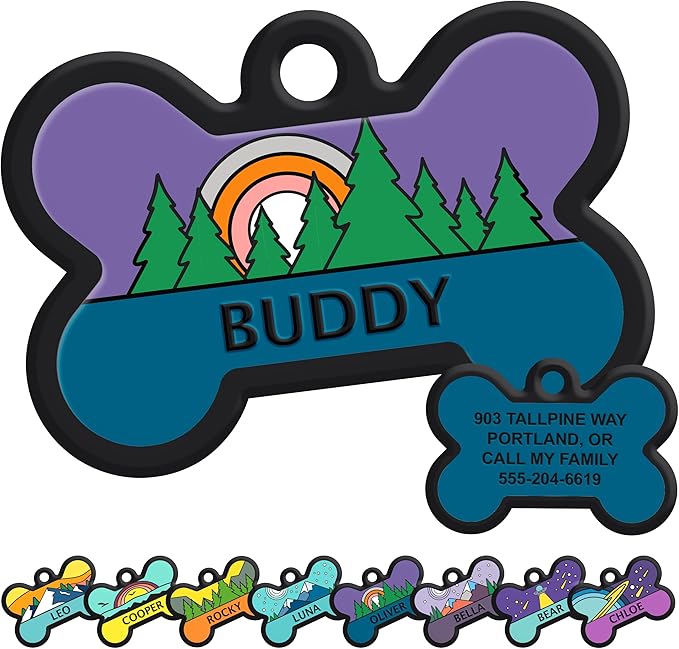 GoTags Silent Dog Tag, Personalized Engraved Bone Silicone Dog and Cat Name Pet ID Tags, Soundless No More Jingling Dog Tags with Design (Forest, Purple)