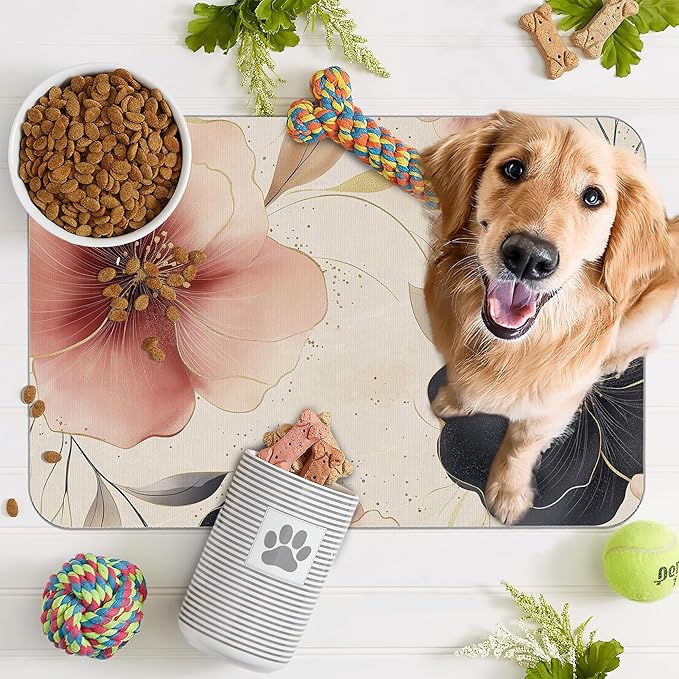 Pink Floral Pet Feeding Mat,Boho Flower Absorbent Quick-Dry Cat Dog Food and Water Bowl Mats,Non-Slip Rubber Backing Mat,Cat Dog Accessories Supplies 12"x20"