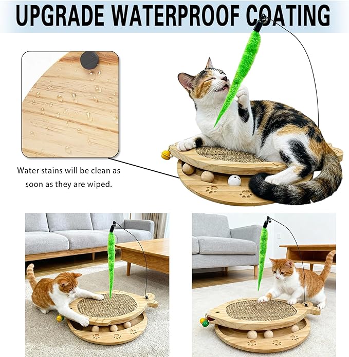 Cat Scratcher with Natural Sisal Pad, 3-in-1 Cat Scratching Board, 2-Tier Kitten Toys with Wooden Ball Track & Swing Toys -No Assembly Cats Activity Center, for Indoor and Outdoor