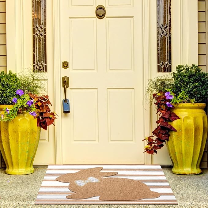 Tinideya 2 Pcs Bunny Door Mat Rabbit Welcome Non Slip Coir Mats Brown and White Stripe Floor Layering Doormats Seasonal for Front Porch Entryway Decor(Rabbit)