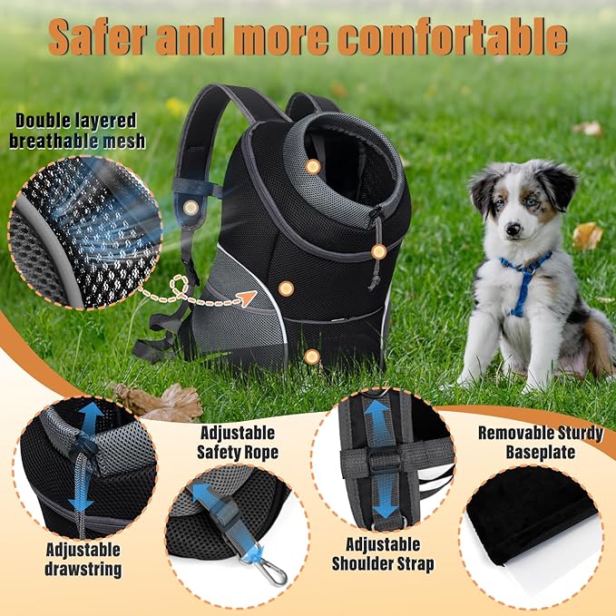 YUDODO Dog Front Carrier Backpack, Adjustable Breathable Pet Carrier for Small Dogs Cats, Ventilated Puppy Back Pack with Safety Belt, Lightweight Doggy Backpack for Hiking Outdoor (Black, L)