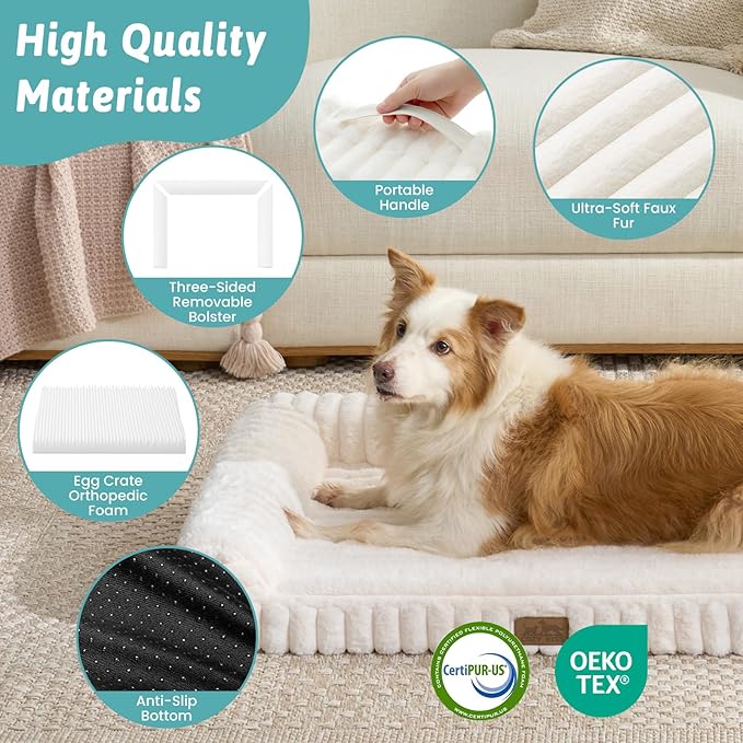Cute Dog Bed for Extra Large Dogs, Faux Rabbit Fur Orthopedic Foam Dog Bed with Sides, Removable Washable Cover & Waterproof Lining, Comfortable Pet Couch, Cream (48" L x 35" W x 7.5" Th)