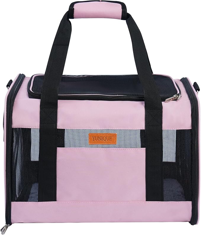 YUNIQUE Soft-Sided Cat & Dog Carrier for Pets Up to 15 Lbs, Airline Approved Collapsible Travel Puppy Carrier with Lightweight Fabric Design (Pink)