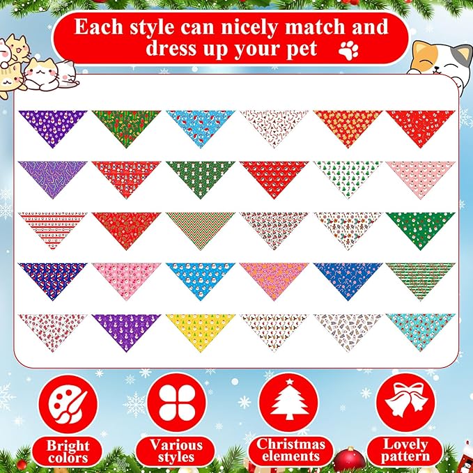 Sanwuta 120 Pcs Christmas Dog Bandanas Bulk Xmas Bandanas for Dogs Triangle Kerchief Bibs Scarf Set for Pet Christmas Costume Photo Props Accessories Pet Shops Grooming, 30 Styles