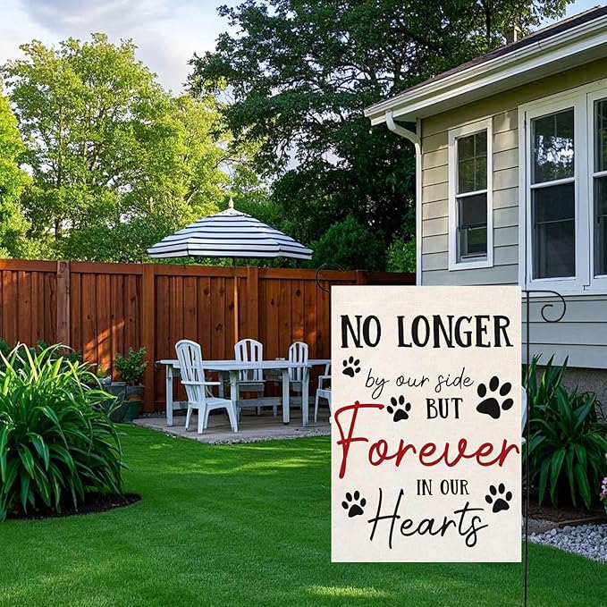 Pet Memorial Garden Flag No Longer By My Side Forever in Our Heart 12x18 Inch Double Sided Burlap Pawprints Lost Pet Cat Dog Bereavement Gift Outdoor Yard Decor