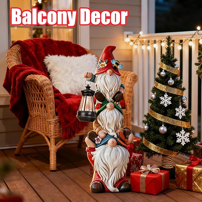 17 in Large Garden Gnome Statue with Solar Lights Sculptures Funny Triple Big Gnome Outdoor Patio Lawn Yard Balcony Garden Home Decor Gifts for Women Mom