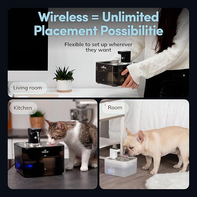 Cat Water Fountain Cordless, 88oz/2.6L Wireless Pet Water Fountains for Cats Indoor, Battery Operated Cat Drinking Fountain with Motion Sensor, Ultra Quiet Pump, BPA-Free, Black
