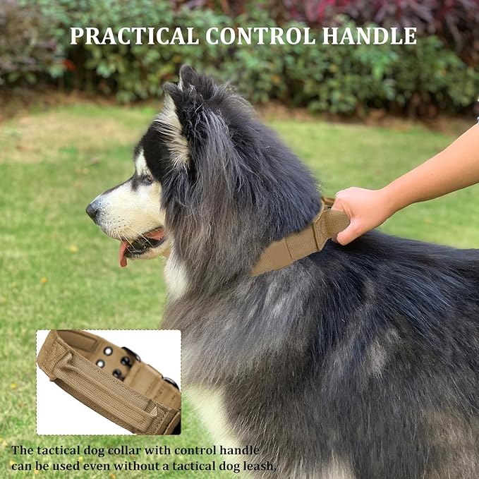 Tactical Dog Collar with Handle, Military Adjustable Heavy Duty Metal Buckle Dog Collars Soft Nylon Training Collar for Medium Large Dogs (Brown, Medium)