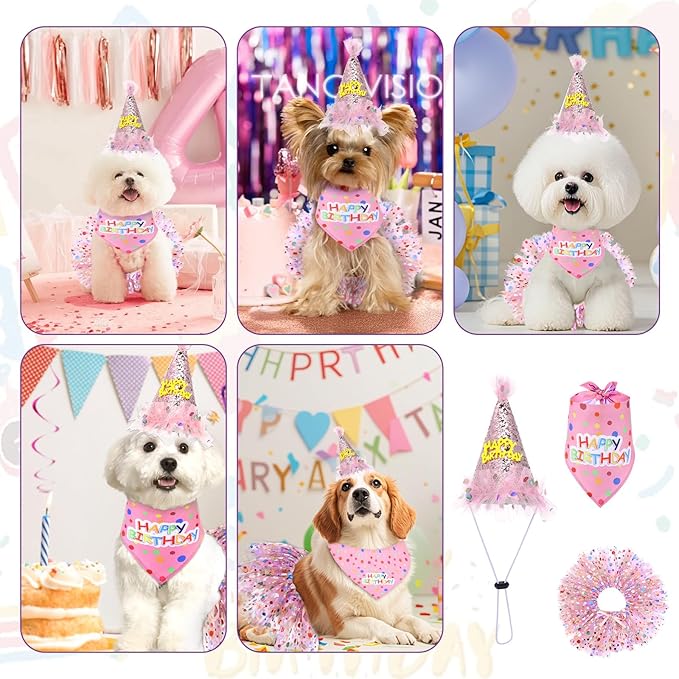 Dog Birthday Bandana with Hat and Dress Girl Set Puppy Birthday Party Supplies Cute Tutu Skirt Outfit for Small Medium Large Dogs Decorations