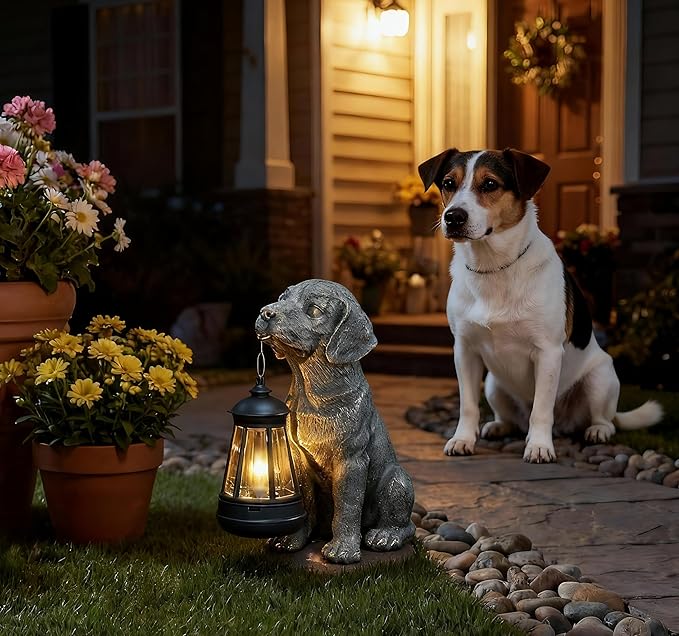 Lyeasw Solar Dog Statues with Lantern – Waterproof Outdoor Dog Figurines for Garden, Yard & Porch, Auto On/Off Solar Light, Birthday for Mom & Dog Lovers
