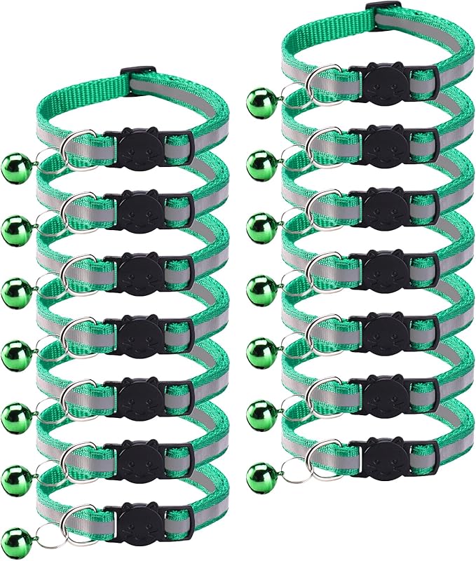 14 Pack Breakaway Cat Collar with Bell, Reflective Kitten Collar for Girl Boy Cats, Safety Buckle Adjustable 7.5-12.5 Inch, 0.4 Inch Width Lightweight, Pet Gifts (Green)