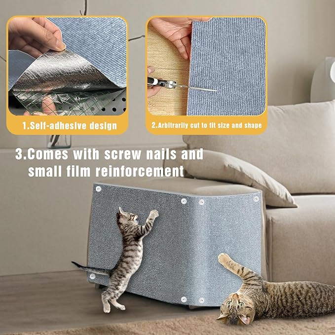 3PCS Cat Scratch Mat, 39.4"x11.9" DIY Trimmable Self-Adhesive Cat Scratching Mat, Couch Protector from Cats Claw, Indoor Furniture Protector for Cats Scratching (Light Gray)