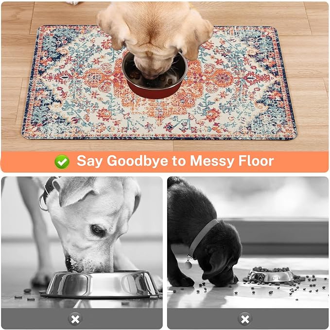 Absorbent Pet Dog Bowl Mat for Food and Water, Pet Cat Food Feeding Mat with Non Slip Rubber Backing, Dog Food Mats for Floors Waterproof, 12"x20"