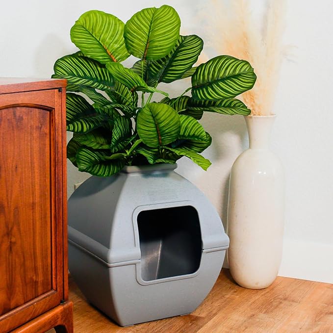 Good Pet Stuff Hidden Litter Box Planter, Decorative Cat Litter Enclosure with Carbon Filter, Artificial Plant, Easy Clean, Indoor Design, Courtyard Square Style, Base Kit, Stone Gray