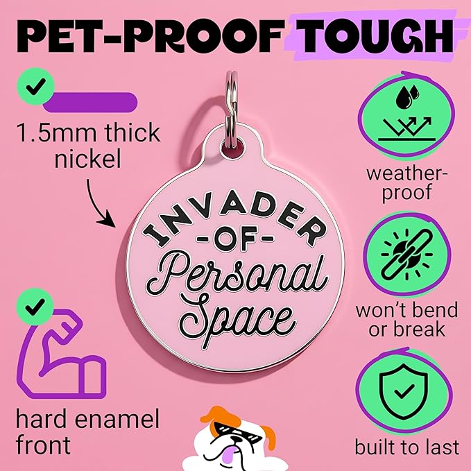 Bad Tags Personalized Dog and Cat ID Tags in 25+ Designs and 2 Sizes - 5 Lines of Custom Engraved Text - Funny Cute Personalized Pet Tags (Invader of Personal Space - Pink, Small (1 inch))