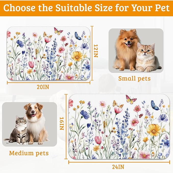 Flowers Butterfly Dog Food Mat,Colorful Absorbent Pet Feeding Mat for Food and Water Bowl,Quick Dry Dog Placemat Non Slip Rubber Backing Waterproof Pet Supplies 12" x 20"