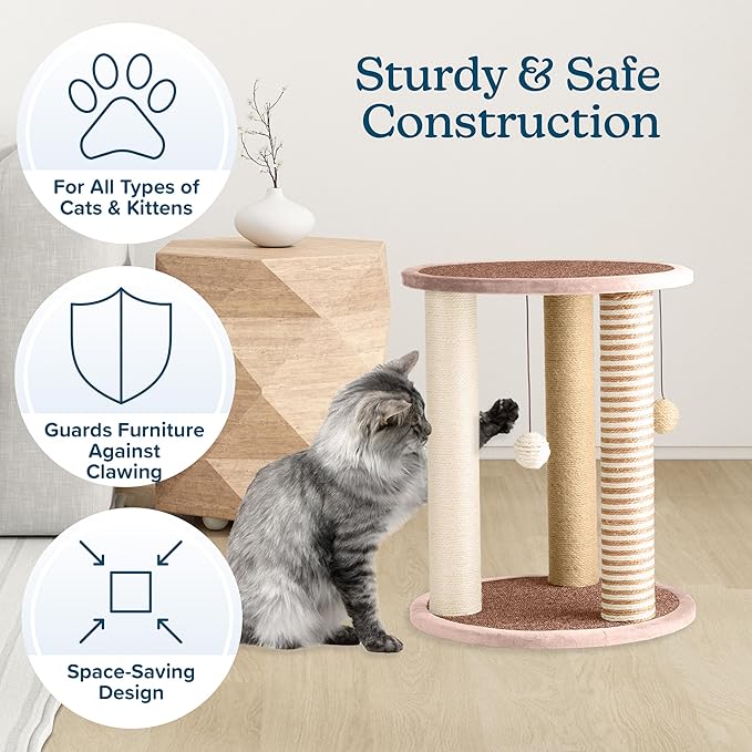 Cat Scratching Post - 3 Scratcher Posts with Carpeted Base Play Area and Perch - Furniture Scratching Deterrent for Indoor Cats by PETMAKER (Brown), Large