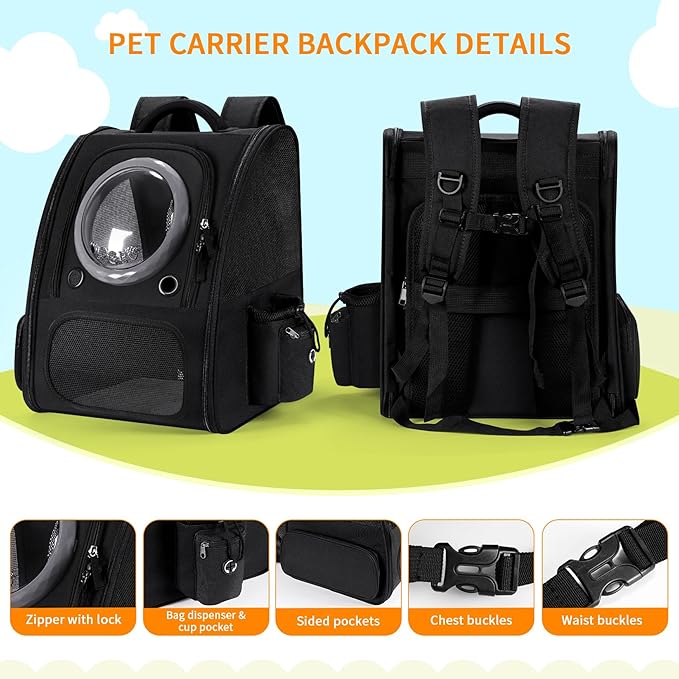 Dogs Backpack Carrier, Expandable Cat Carrier Backpack,Breathable Bubble Pet Backpack for Cat,Kitten and Small Puppy, Large Space,Portable Bags Foldable Cat Backpack for Traveling,Hiking(Black)